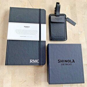 SHINOLA DETROIT HARD COVER LINED JOURNAL W/RMC INTIALS & BLK LEA LUGGAGE TAG NEW